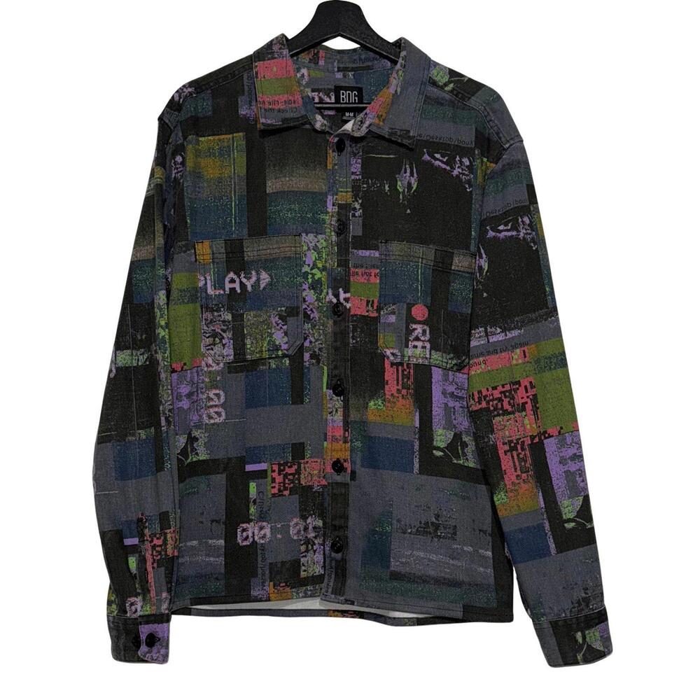UO BDG Mens Glitch Cowboy Print Button-Down Denim Overshirt